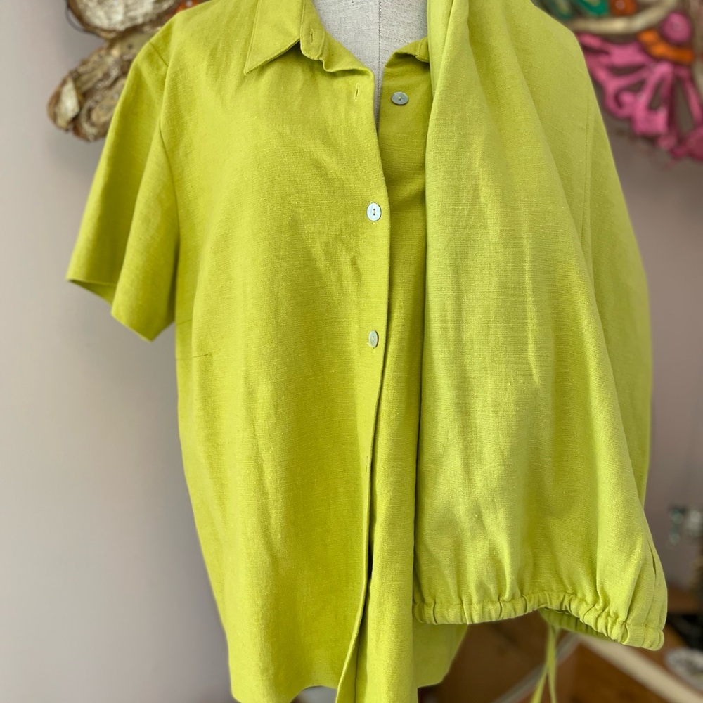 Lime Cotton Linen Women's Short Sleeve Blouse & Drawstring Waist Pants L 2pc set